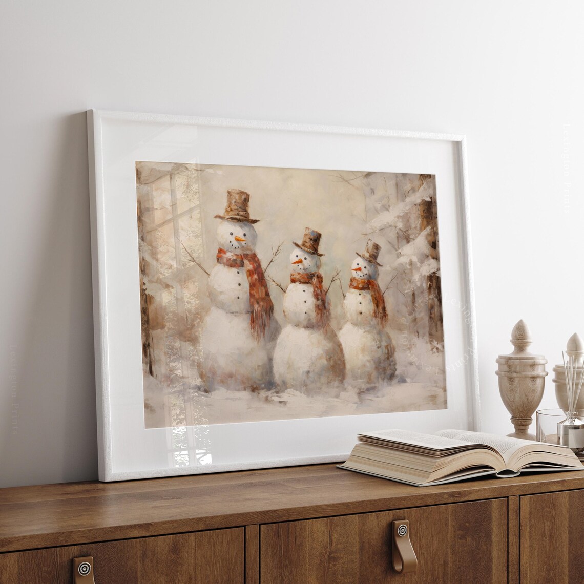 Three Vintage Snowmen in Winter Forest Christmas Scene Poster - Image 2