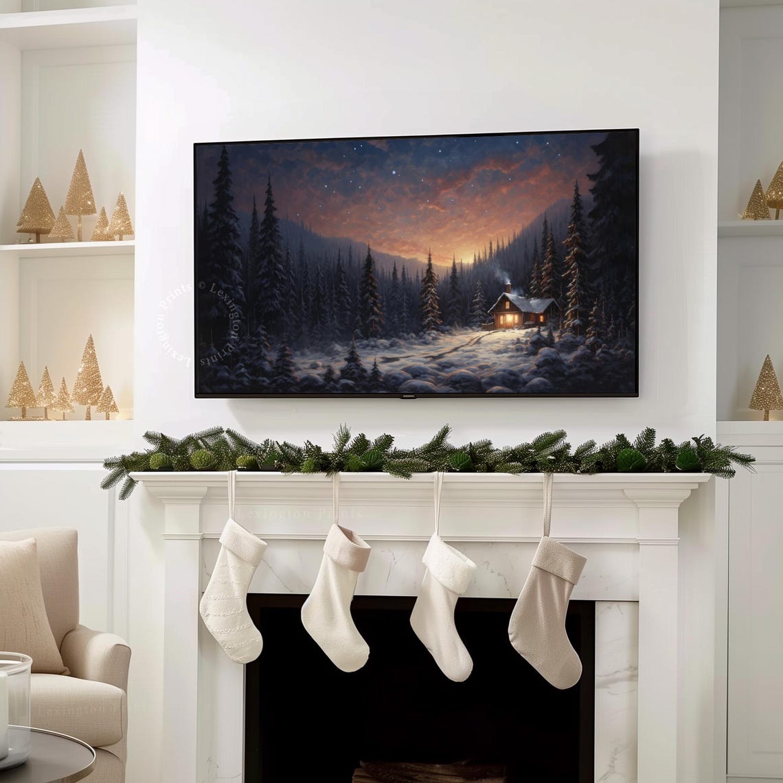 Snowy Cabin at Dusk Among Pines Winter Night Landscape Poster - Image 7