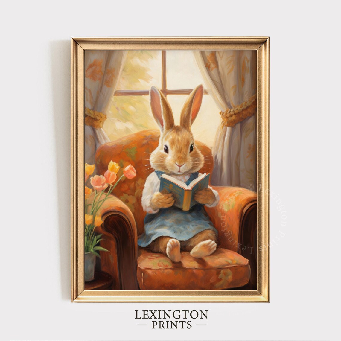 Easter Bunny Reading Book in Armchair with Tulips Vintage Wall Art - Image 6