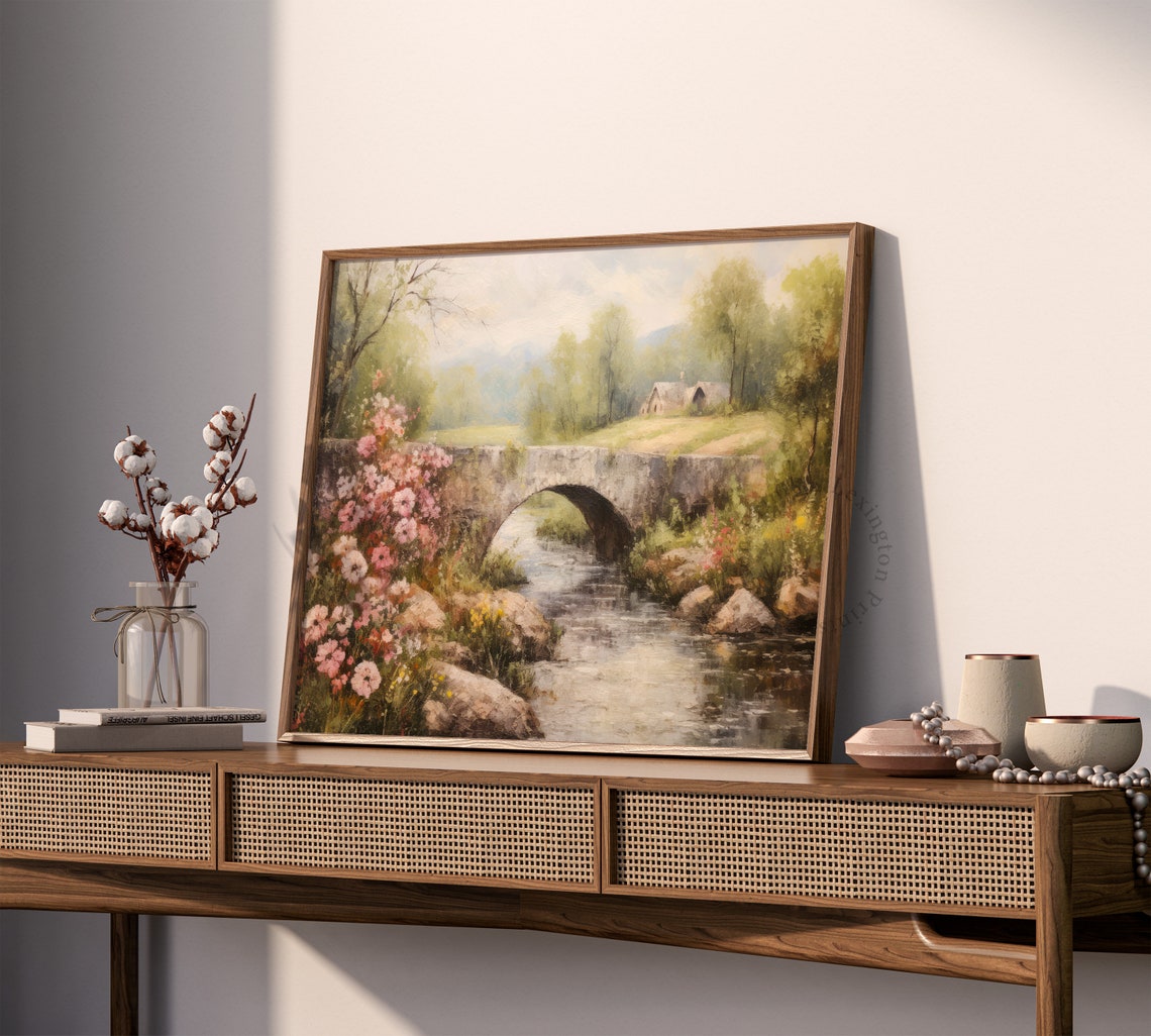 Stone Bridge Over a Stream Countryside Cottage Landscape Poster - Image 7
