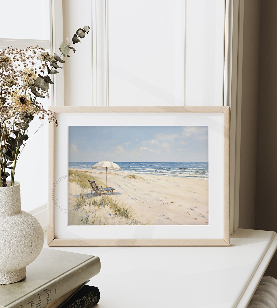 White Beach Umbrella Chairs Tranquil Ocean Oil Painting Coastal Poster - Image 7