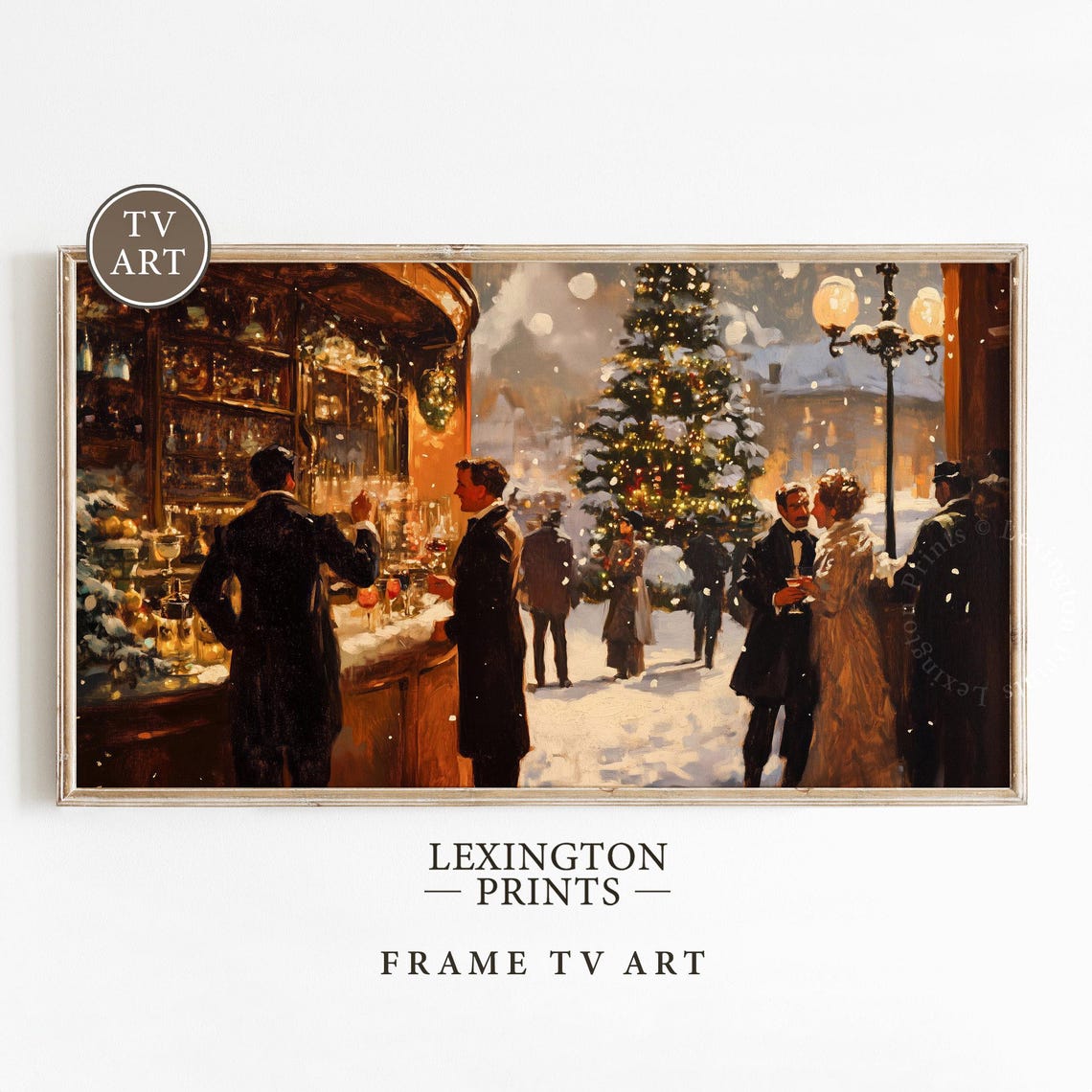 Vintage Snowy Cafe Christmas Eve Street Scene Painting Poster