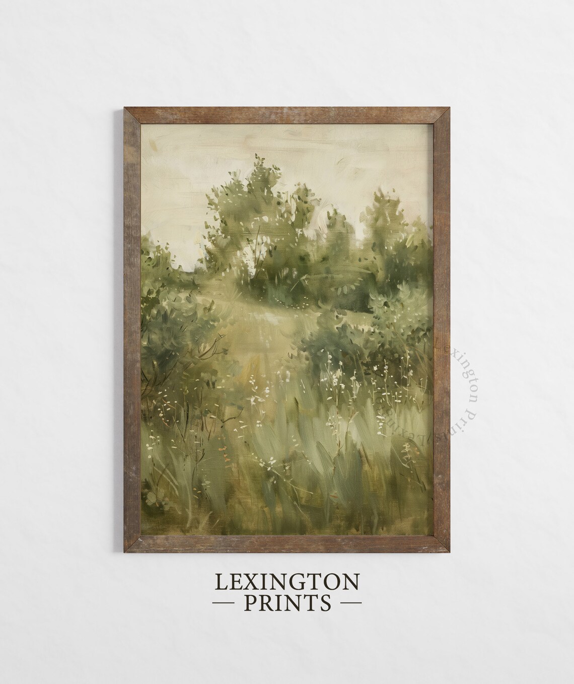 Serene Misty Green Meadow Watercolor Landscape Morning Light Art Print - Image 2