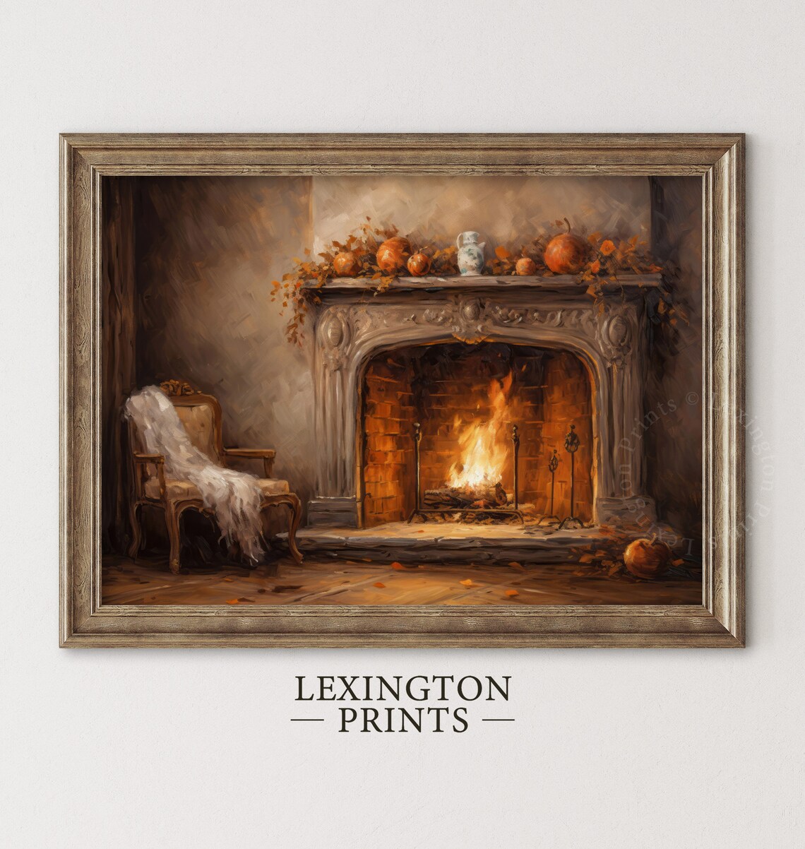 Fireplace with Burning Fire Fall Mantel Vintage Oil Painting Poster - Image 5