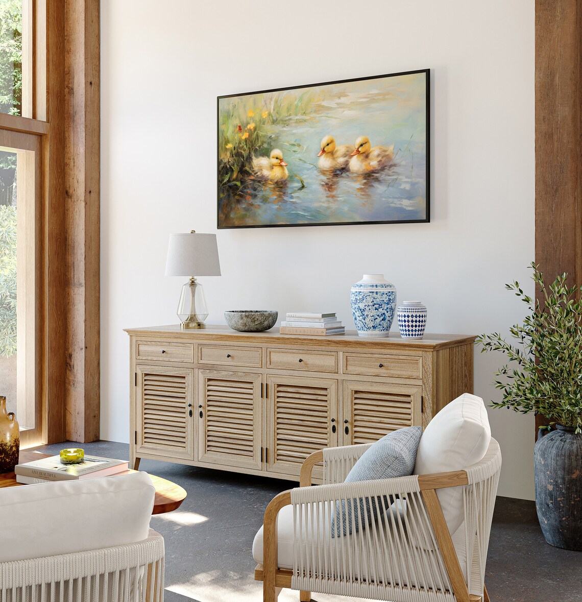 Three Ducklings Swimming in a Sunlit Pond Spring Painting Poster - Image 2