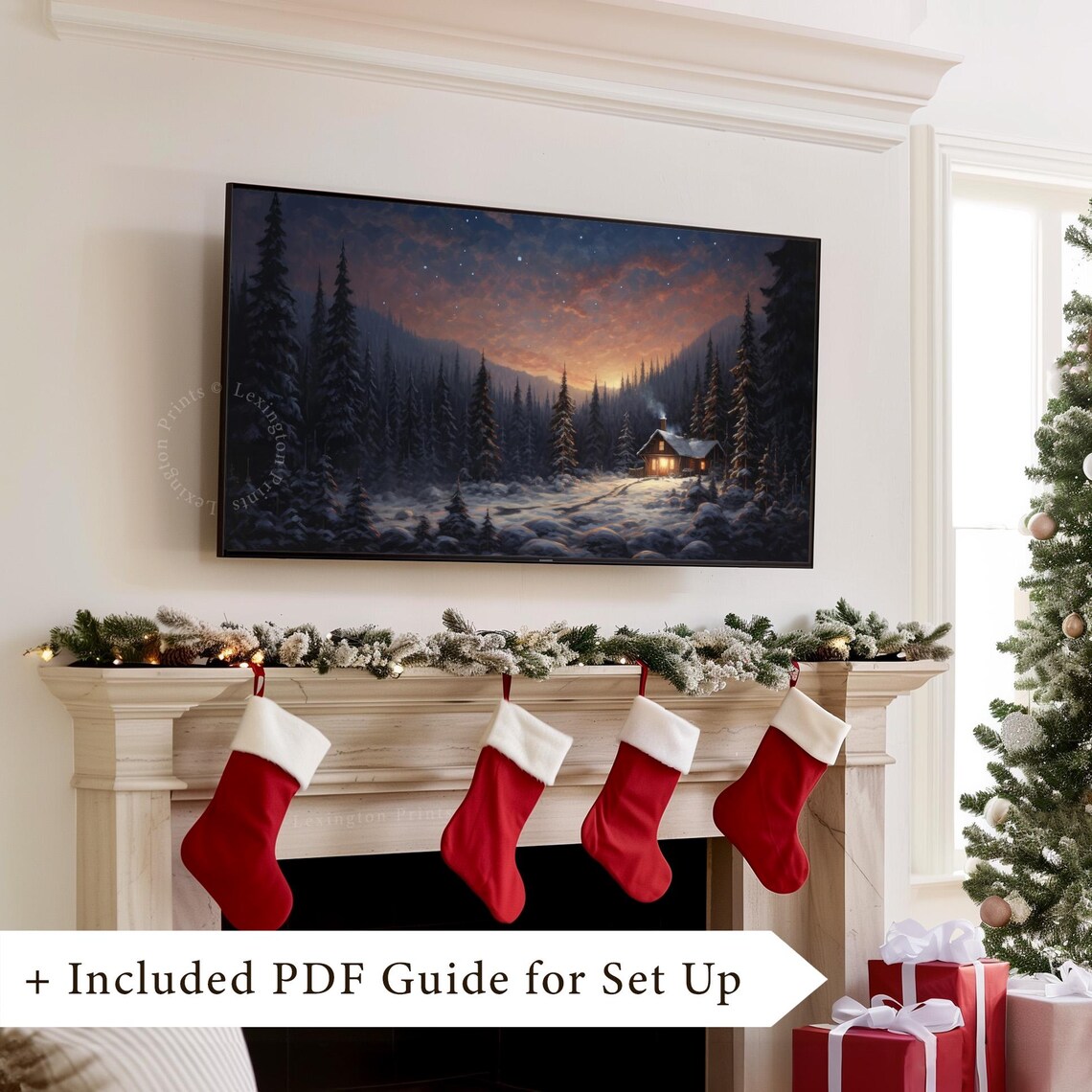 Snowy Cabin at Dusk Among Pines Winter Night Landscape Poster - Image 8