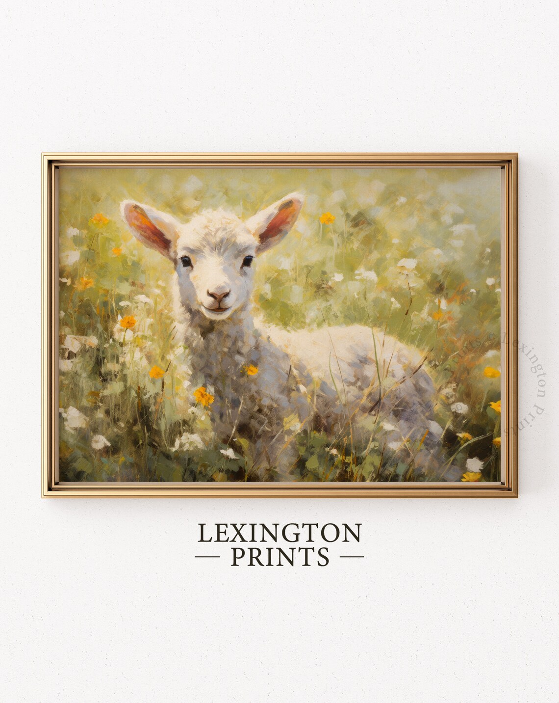 Adorable Lamb Standing in Sunny Wildflower Meadow Vintage Art Print - Image 6