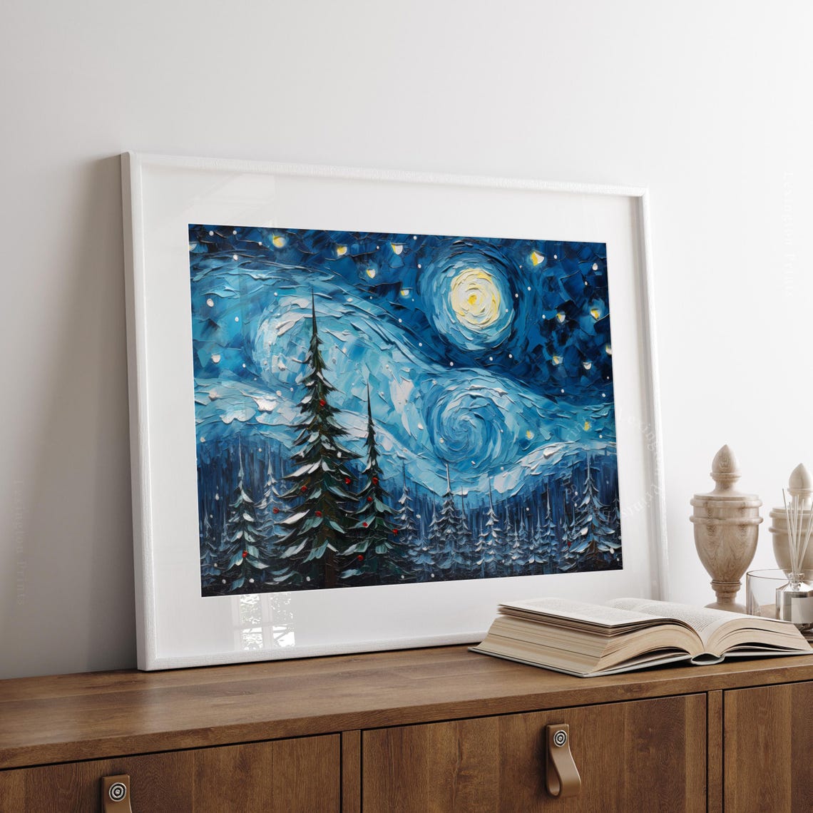 Starry Night Christmas Trees Snowy Forest Swirling Blue Sky Poster - Image 3