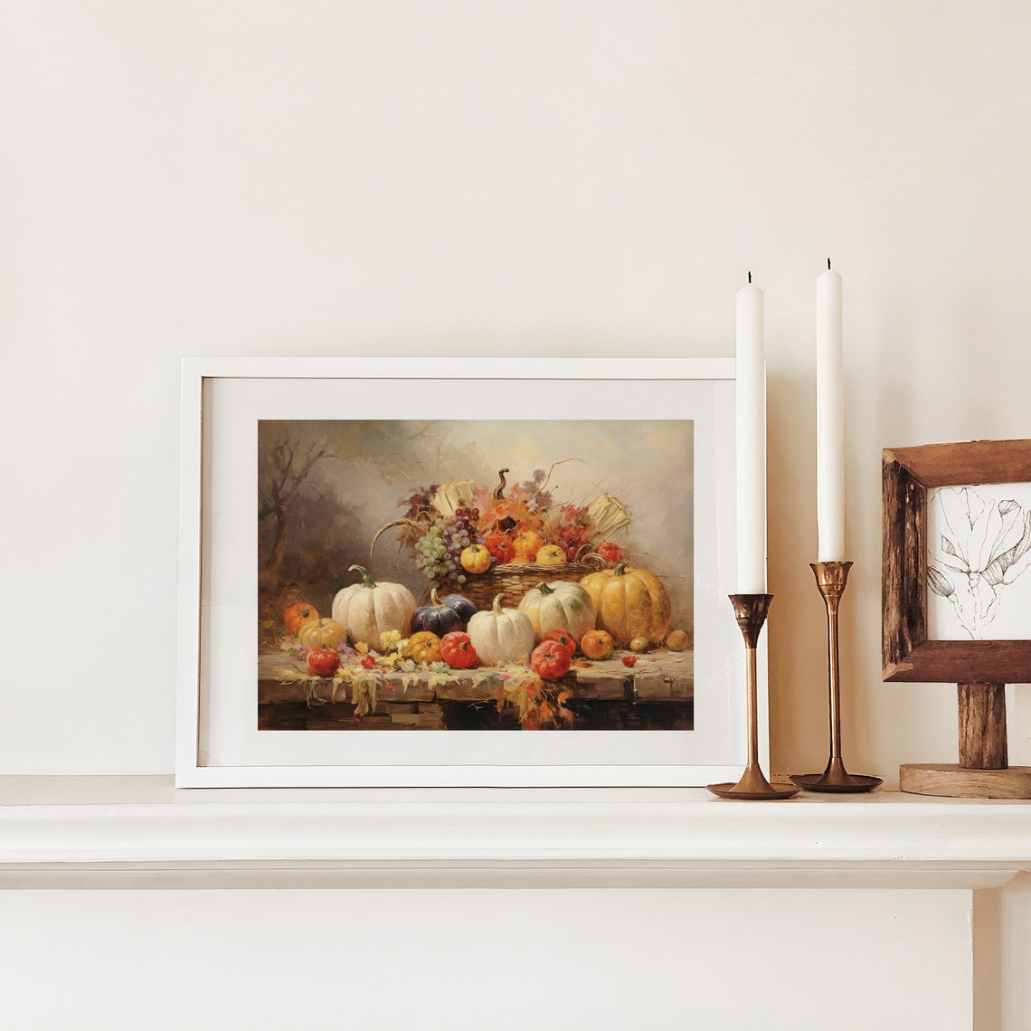 Fall Harvest Still Life with Pumpkins Corn and Grapes Vintage Wall Art - Image 3
