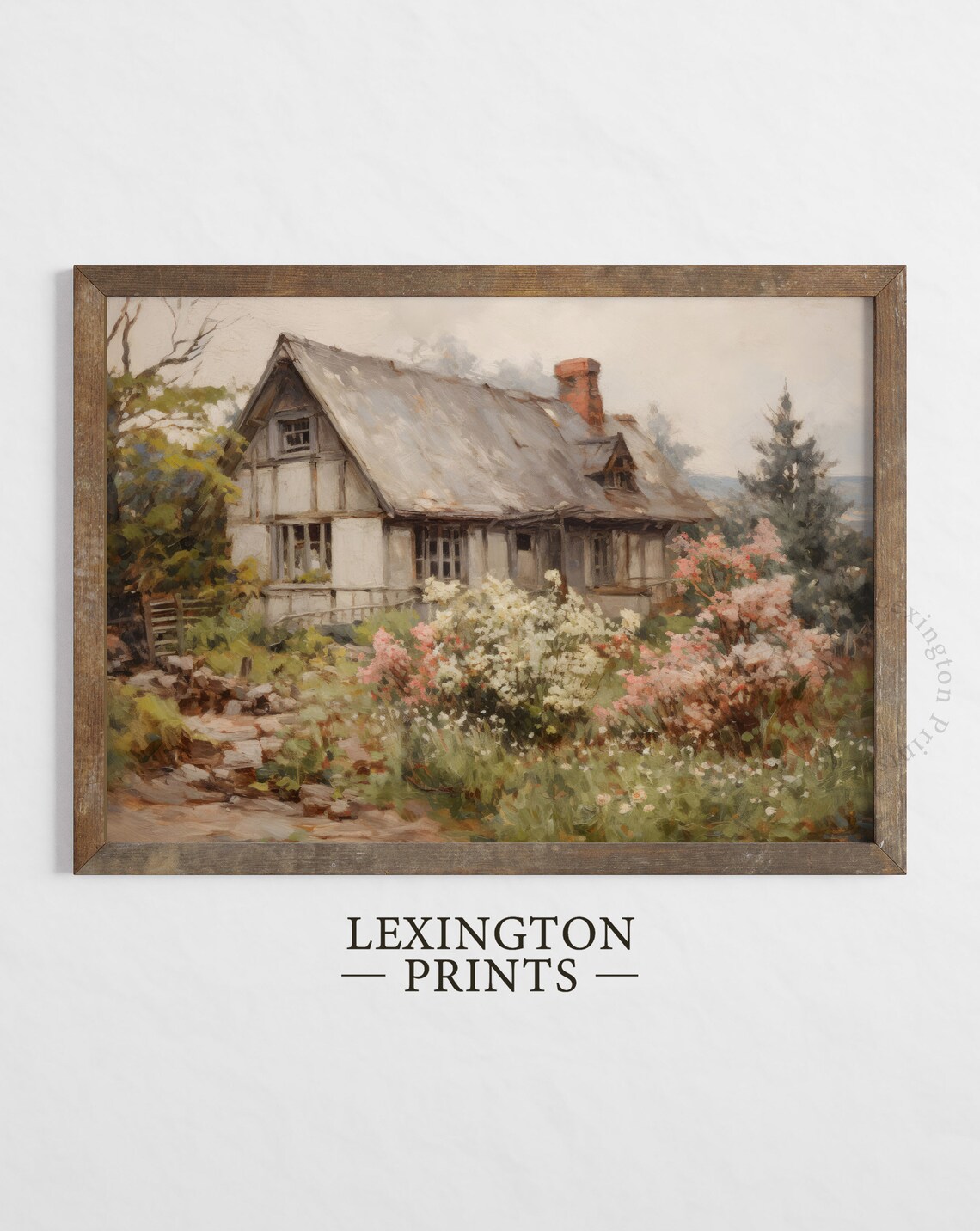 Rustic Old Cottage Pink Flower Garden Vintage Oil Painting Wall Art - Image 5