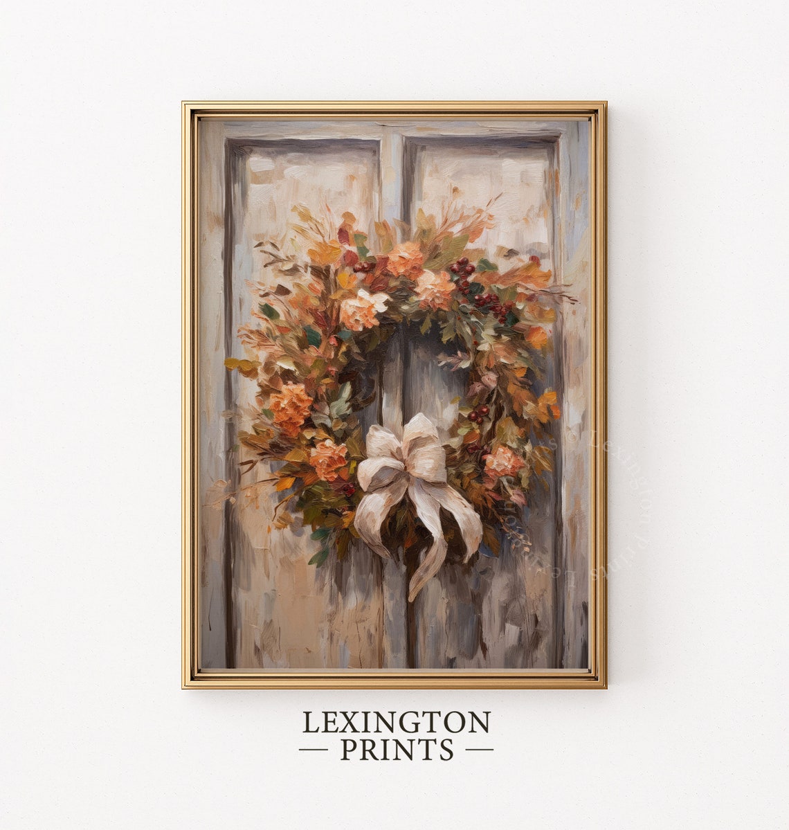 Fall Wreath with Bow on a Rustic Door Autumn Painting Poster - Image 8