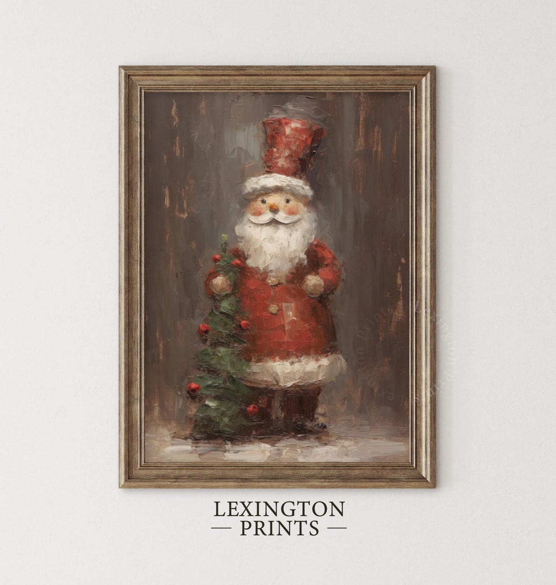 Rustic Folk Art Santa with Tall Red Hat Holding Berry Tree Poster - Image 5