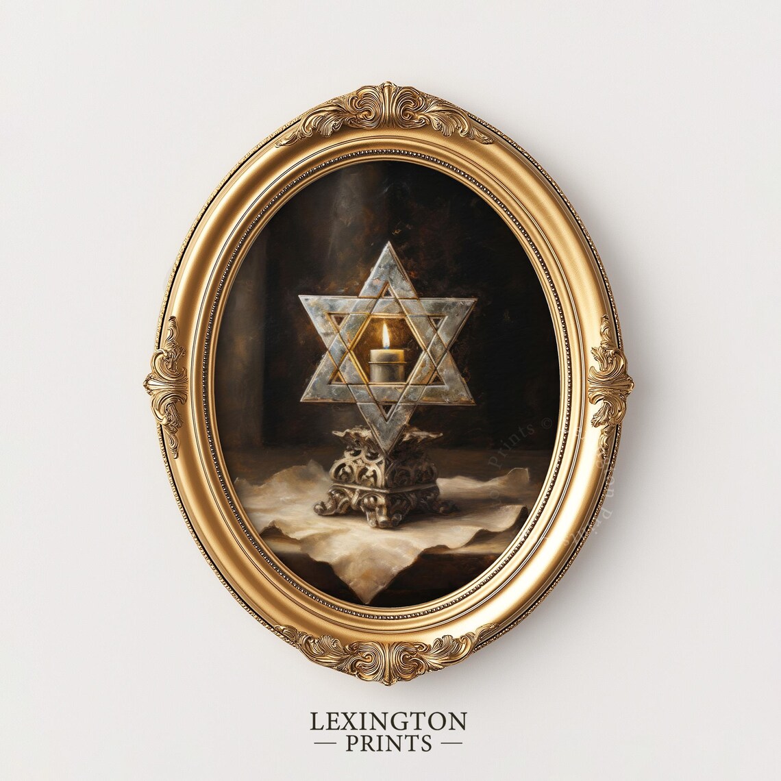 Star of David Candle Holder with Lit Candle Jewish Oil Painting Print - Image 5