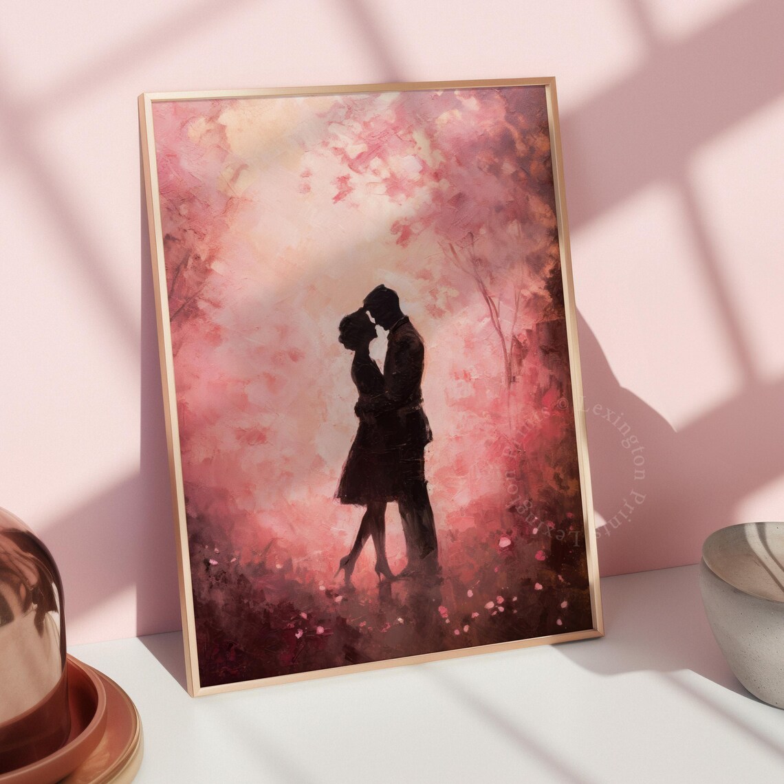 Romantic Couple Silhouette Kiss Pink Blossom Oil Painting Love Poster - Image 8