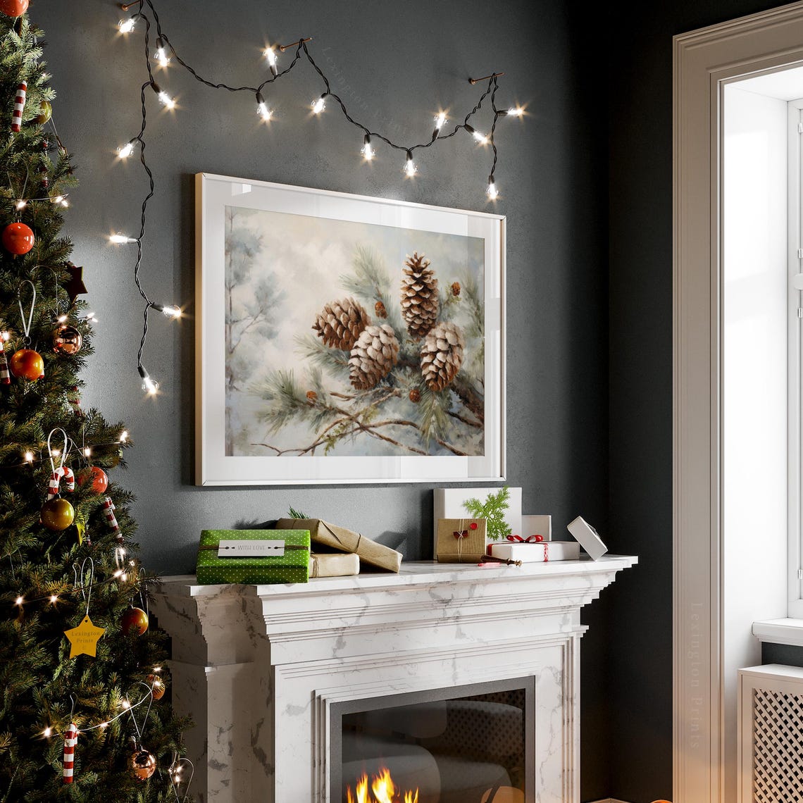 Snowy Pine Cones Frosted Evergreen Branch Winter Painting Poster - Image 4