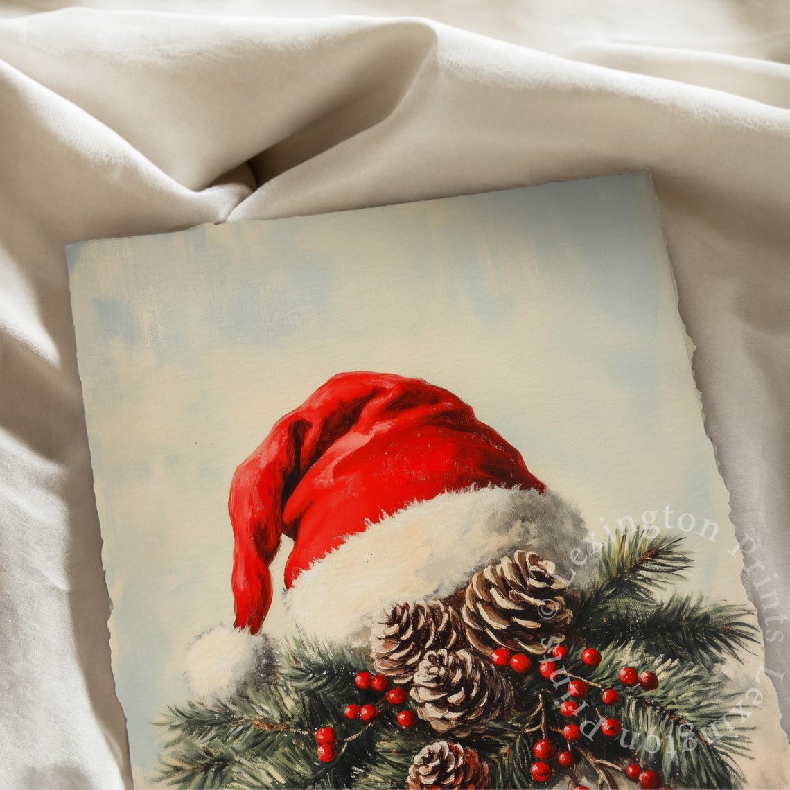 Red Santa Hat with Pinecones and Berries Christmas Decor Poster - Image 6