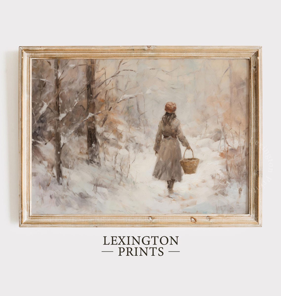 Girl With Basket Walking Snowy Forest Path Winter Scene Art Print - Image 6