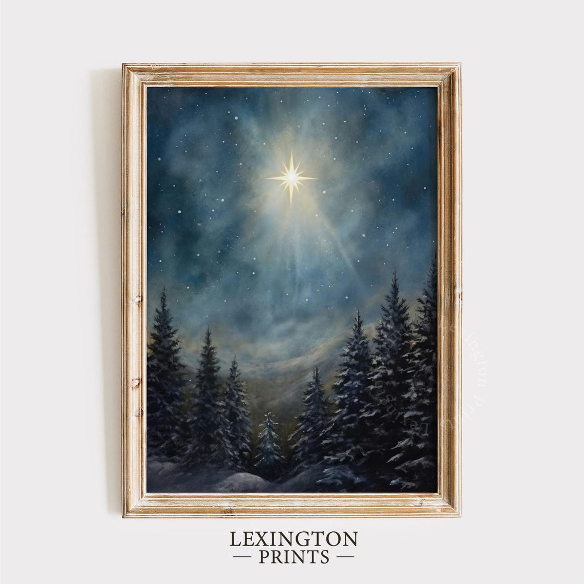 Shining Christmas Star Above Snowy Pine Forest Night Scene Print - Image 5