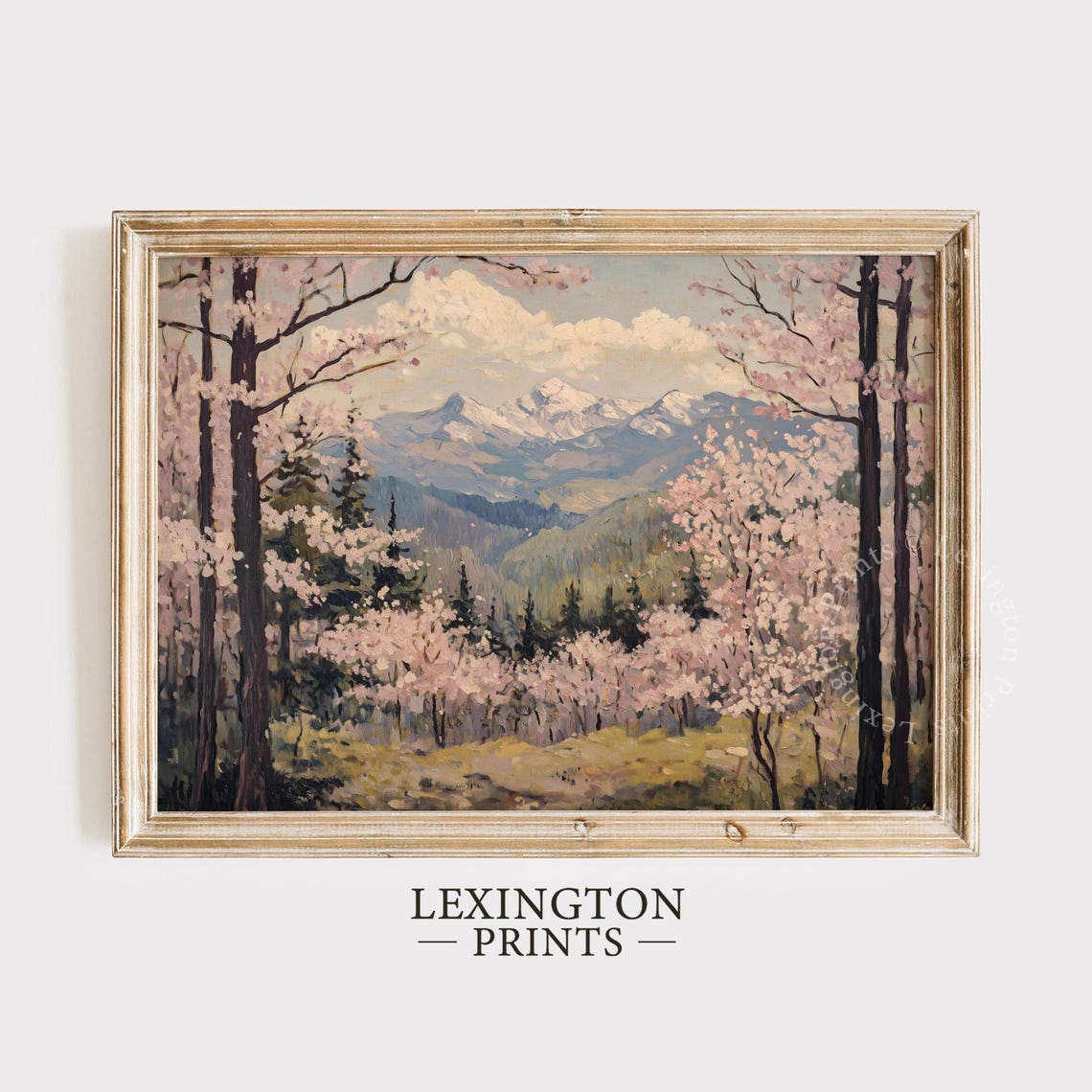 Cherry Blossom Grove with Dark Trunks and Snowy Peaks Wall Art - Image 8