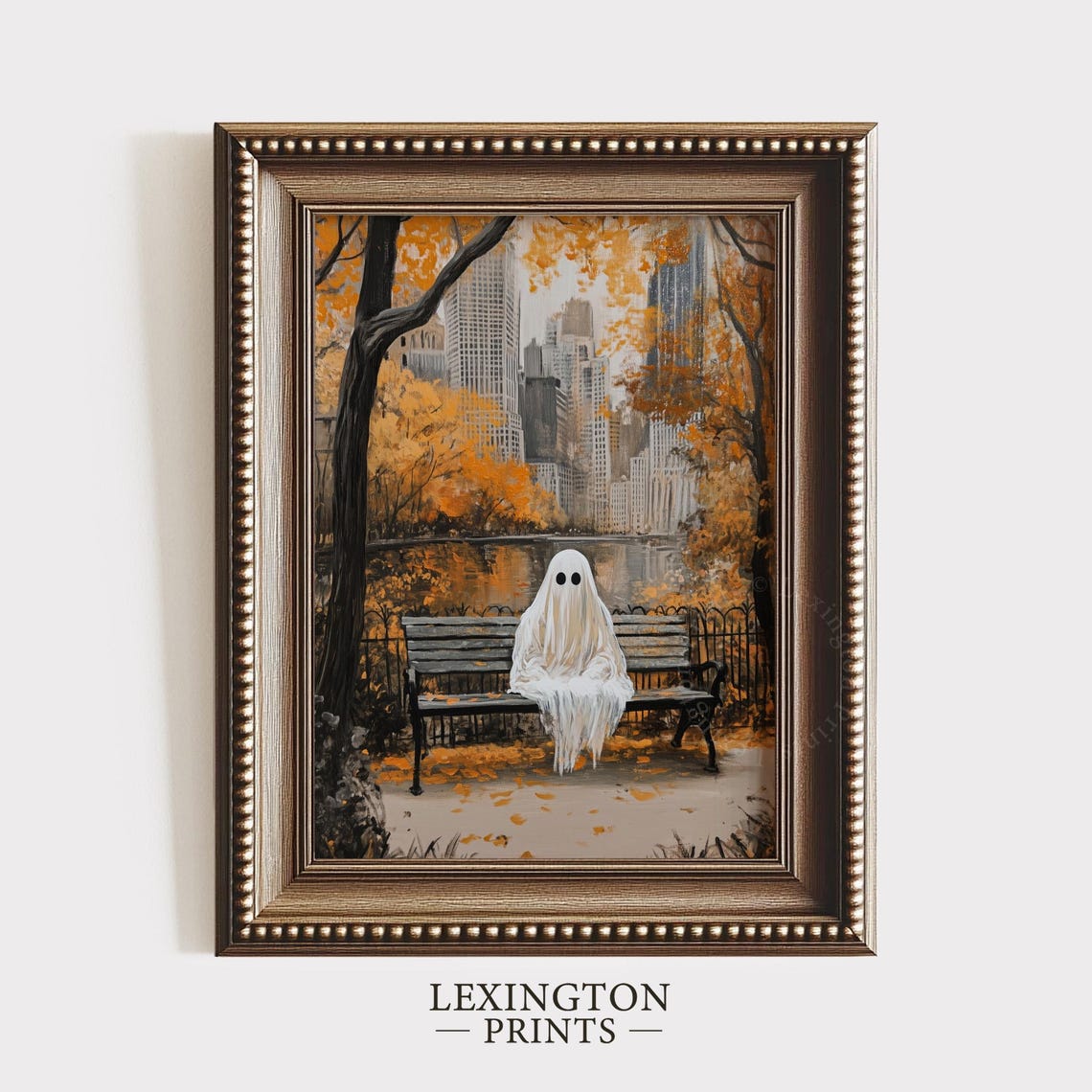Lonely Ghost on Bench in Autumn City Park Oil Painting Fall Poster - Image 6