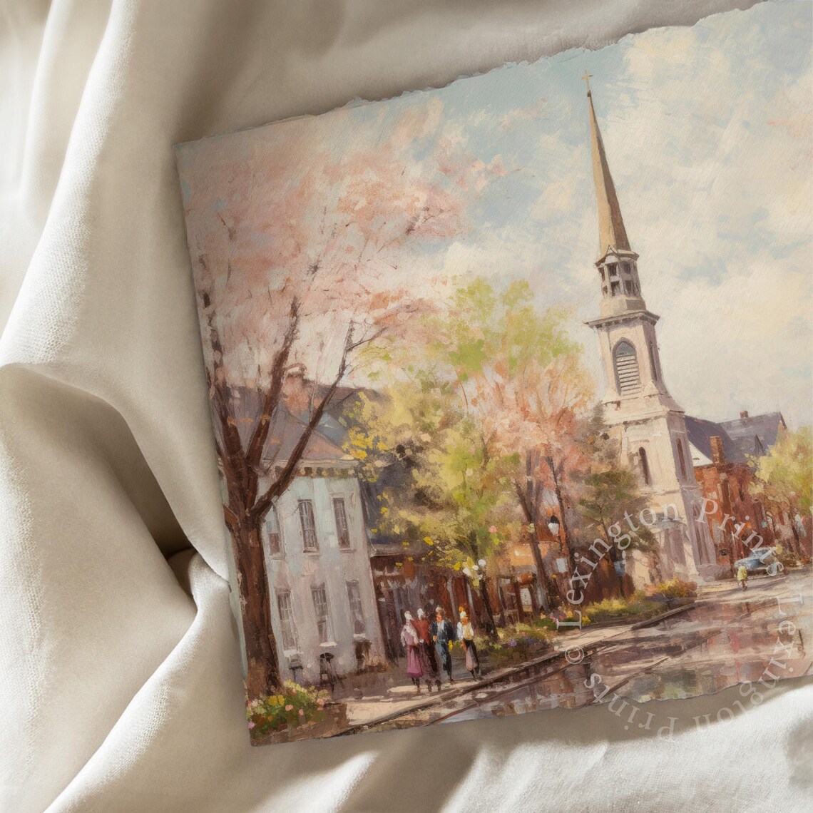 Spring Cherry Blossom Street Church Steeple Vintage Painting Poster - Image 7