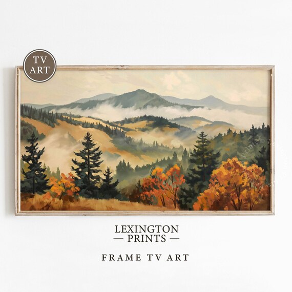 Moody Fall Mountain Landscape with Misty Pines Frame TV Art Print