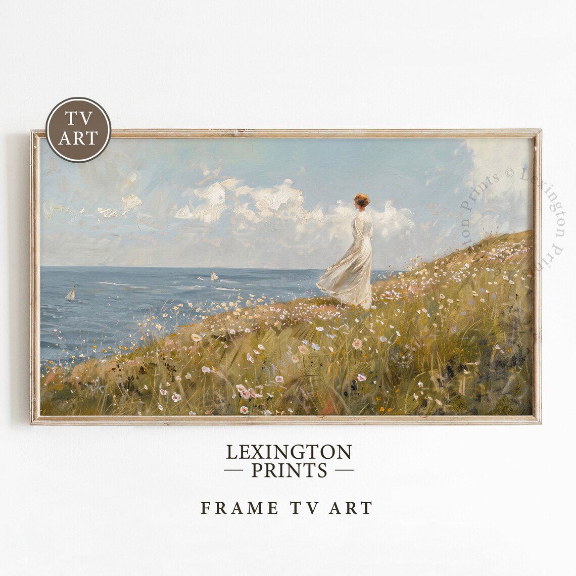 Woman on a Wildflower Cliff Above the Sea Coastal Painting Poster