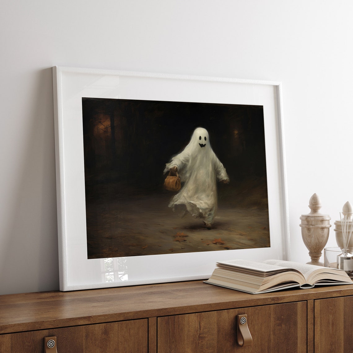 Happy Ghost Trick-or-Treating with Pumpkin Basket Halloween Poster - Image 5