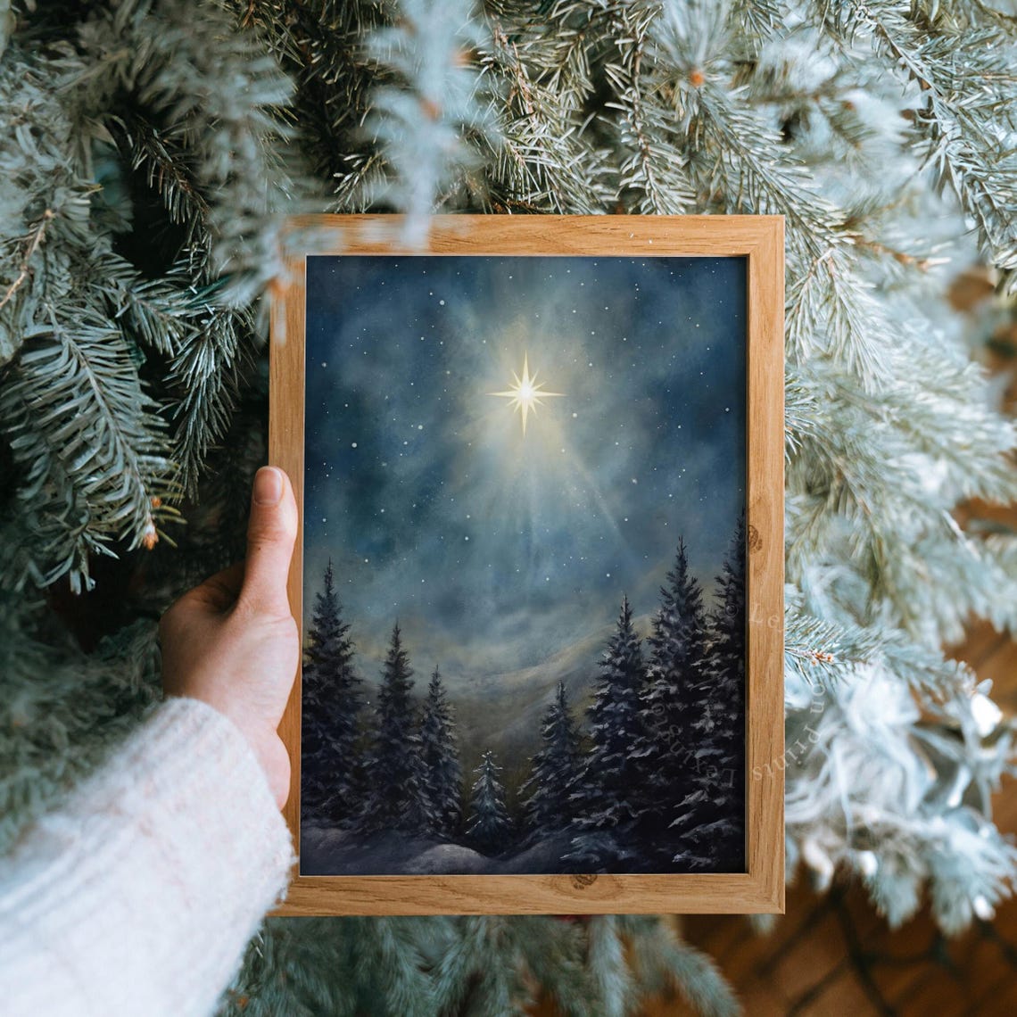 Shining Christmas Star Above Snowy Pine Forest Night Scene Print - Image 8