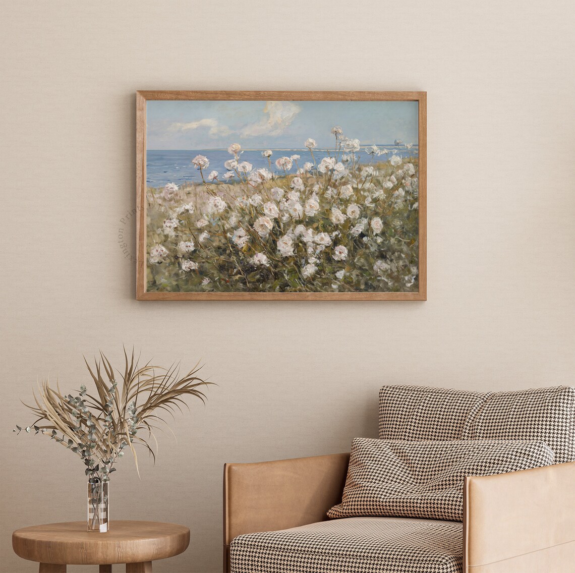 Coastal White Wildflowers Sea Horizon Summer Impressionist Painting Poster - Image 3