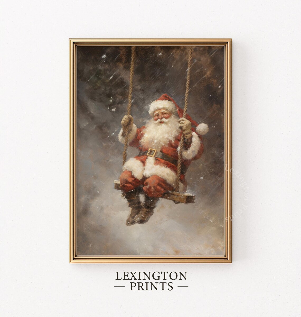 Vintage Santa Claus Swinging in Snow Oil Painting Christmas Poster - Image 4