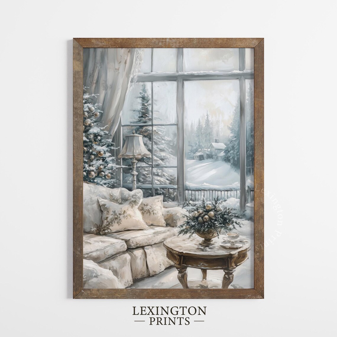 Cozy White Living Room Overlooking Snowy Pine Forest View Poster - Image 5