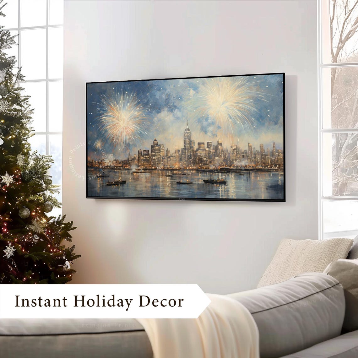 New York Skyline Fireworks Harbor Night Celebration Painting Poster - Image 3