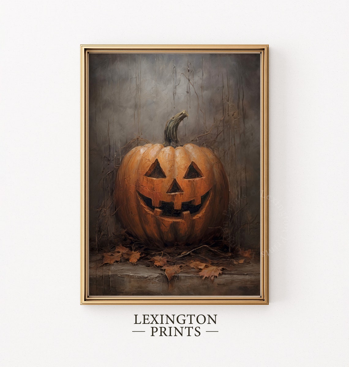 Smiling Jack-O-Lantern Pumpkin On Stone Ledge Oil Painting Fall Poster - Image 4