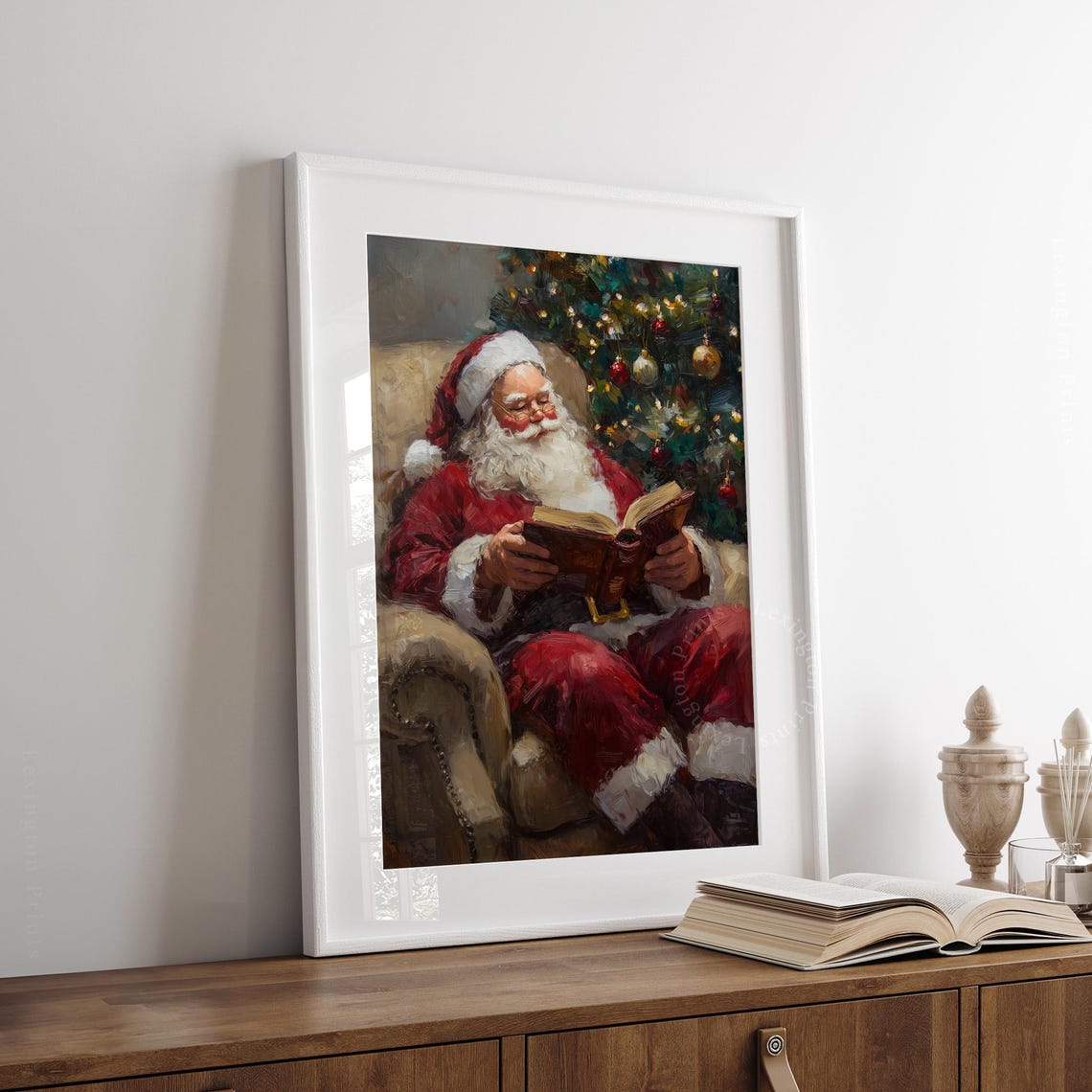Santa Claus Reading A Book In Armchair Beside Christmas Tree Poster - Image 3