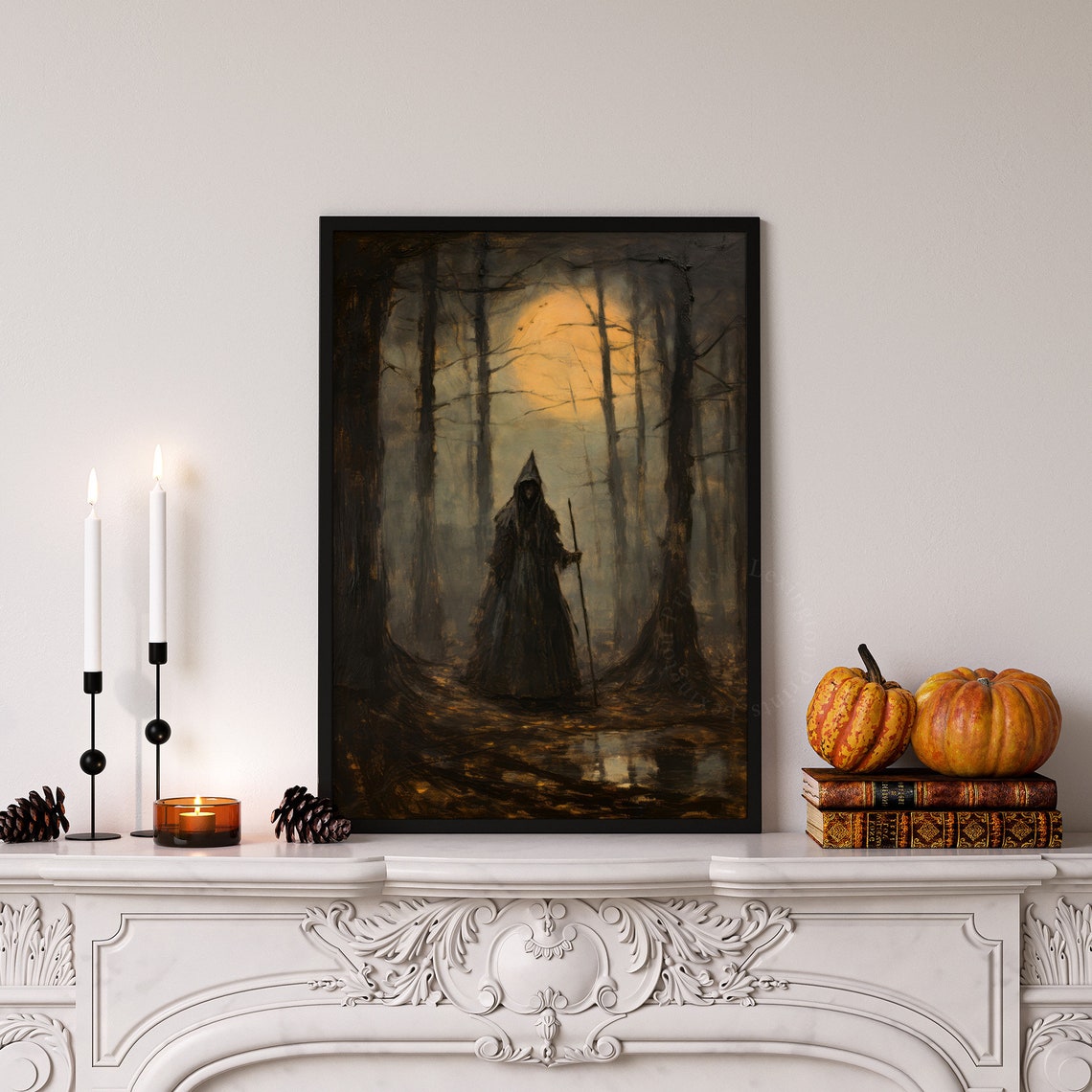 Dark Cloaked Witch With Staff Orange Moon Misty Forest Gothic Poster - Image 4