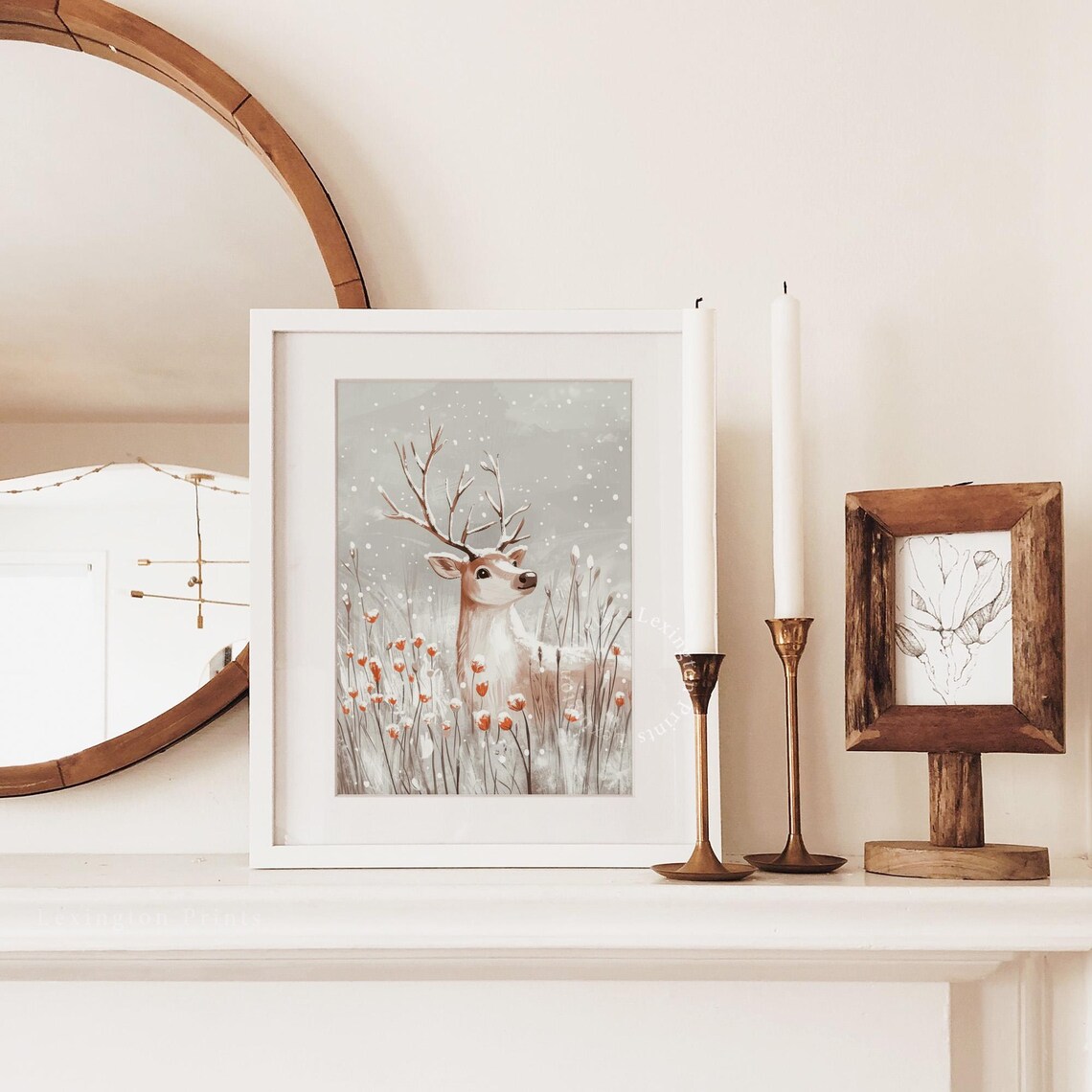 Young Deer Snowy Winter Field Illustrated Wildlife Painting Poster - Image 3