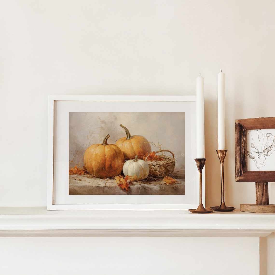 Pumpkin Harvest Still Life Wicker Basket Fall Oil Painting Poster - Image 3