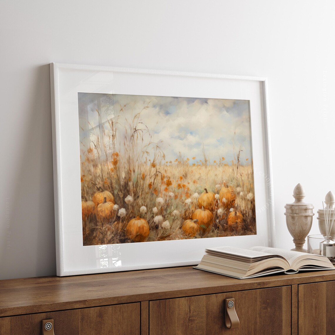 Pumpkin Patch in Autumn Field Tall Grass Harvest Season Landscape Poster - Image 7