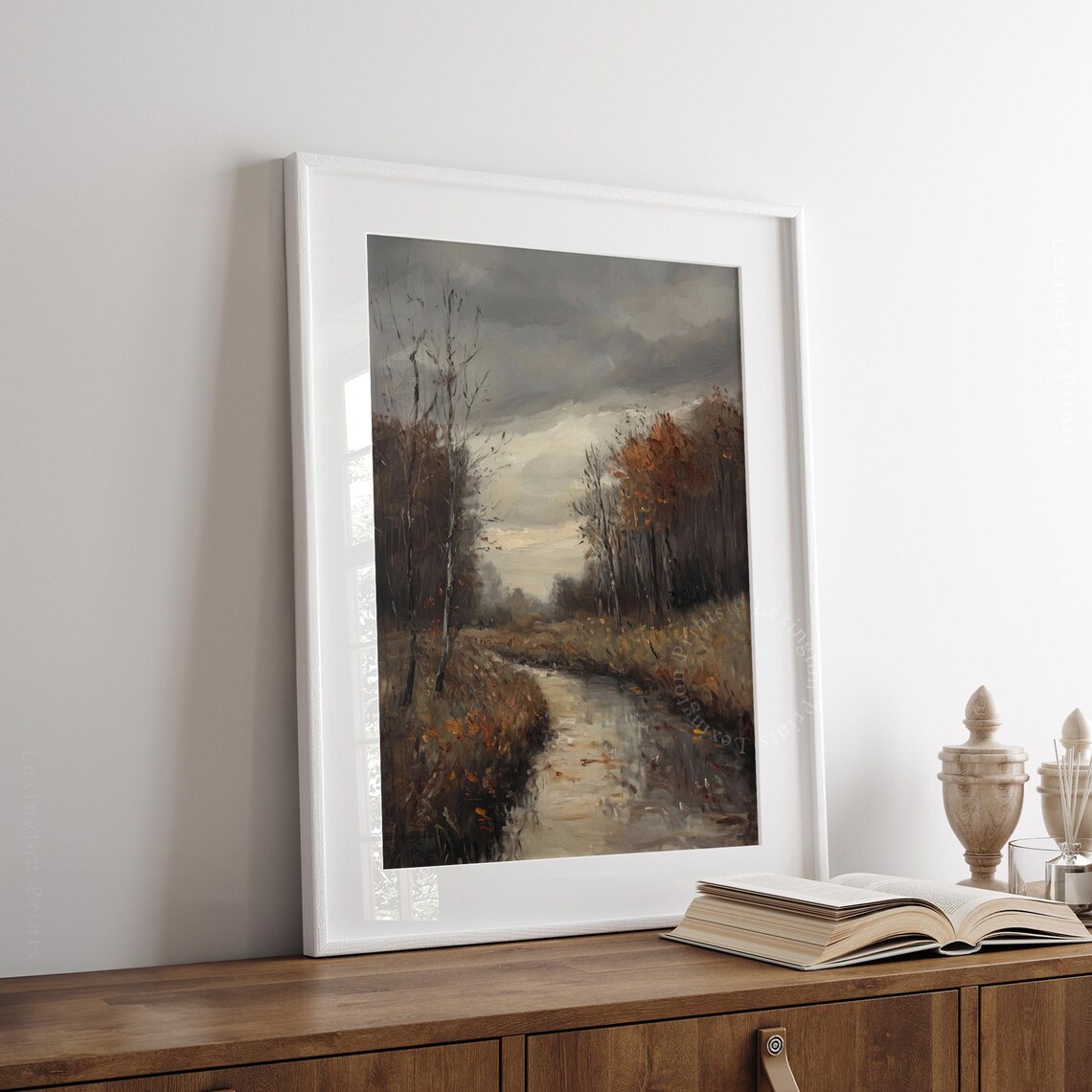 Misty Stream Through Autumn Woods Stormy Sky Oil Painting Poster - Image 8