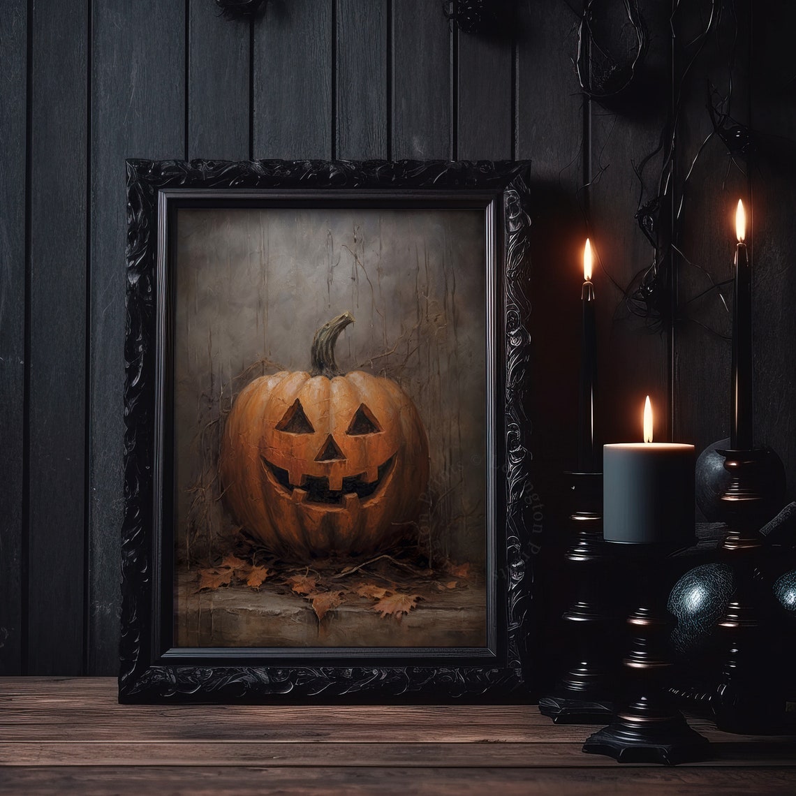 Smiling Jack-O-Lantern Pumpkin On Stone Ledge Oil Painting Fall Poster - Image 7