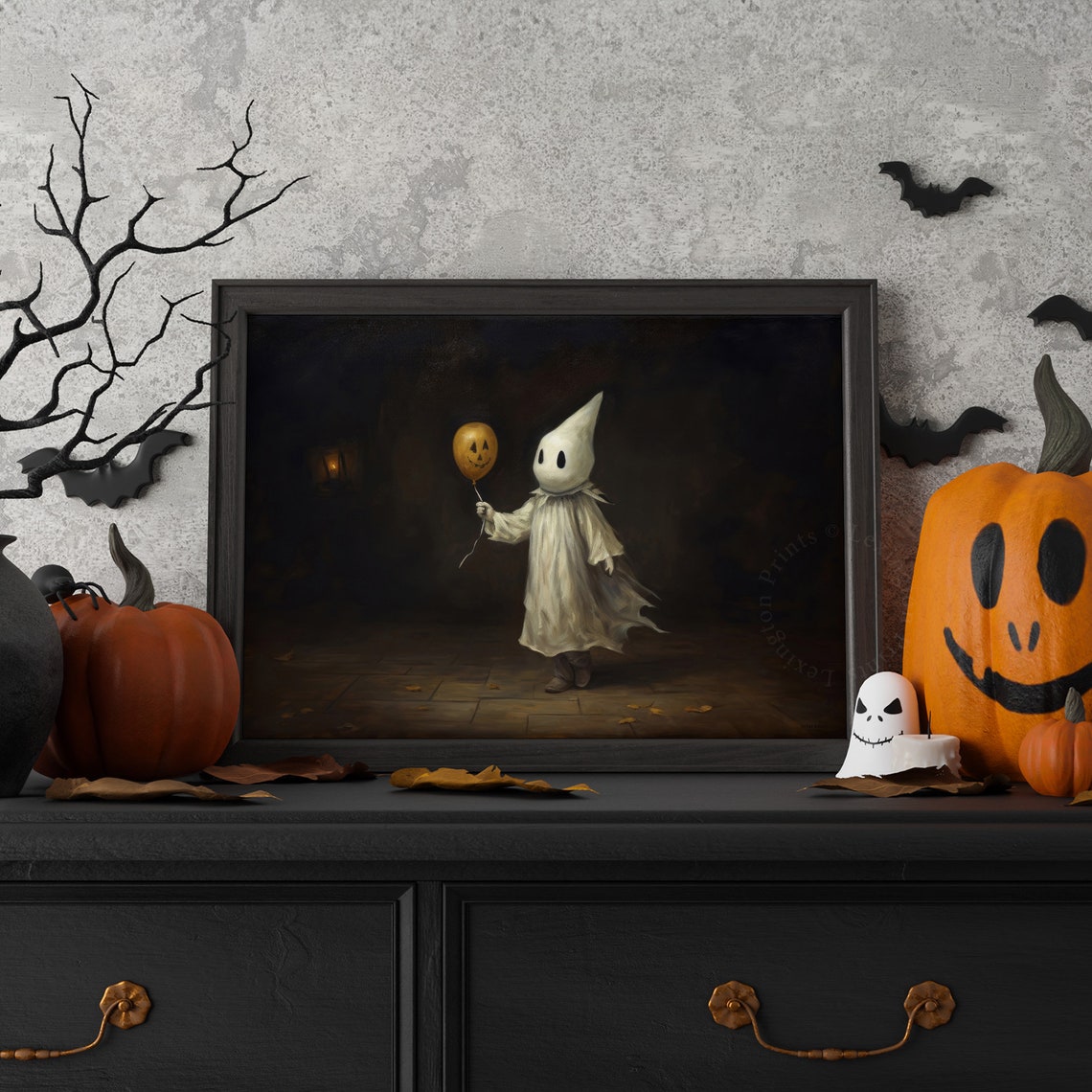 Little Ghost Child Holding Pumpkin Balloon Dark Halloween Wall Art - Image 6