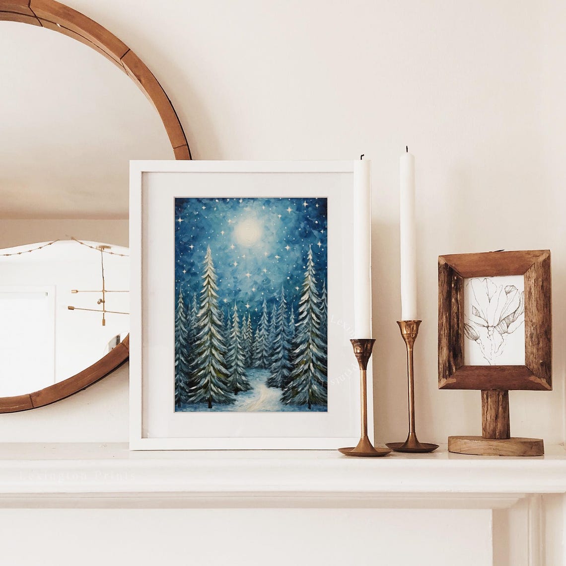 Starry Night Winter Forest with Snowy Pines Christmas Moon Wall Art - Image 2