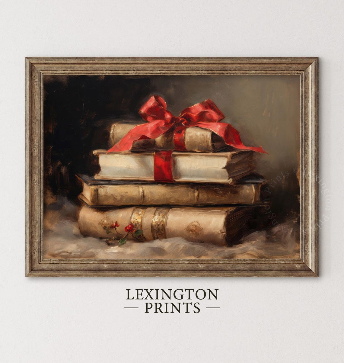 Christmas Book Stack Red Bow Vintage Holiday Still Life Poster - Image 2