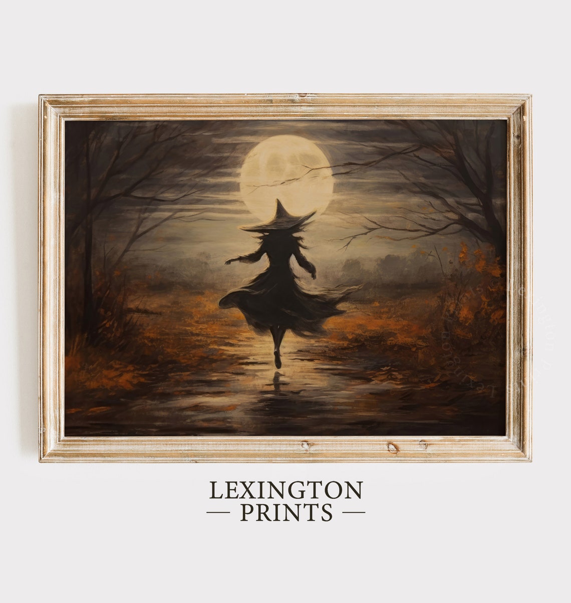Witch Dancing Under Full Moon on Autumn Path Spooky Halloween Poster - Image 2