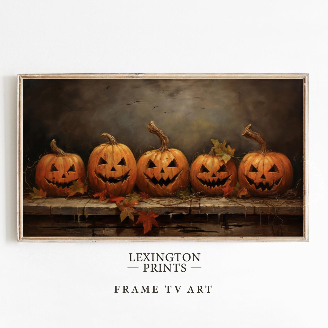 Five Jack O Lanterns Row Carved Pumpkins Wooden Ledge Halloween Frame TV Art Poster - Image 5