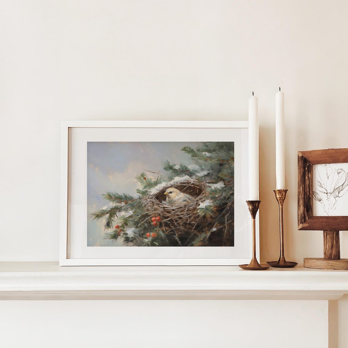 Tiny Cream Bird Resting In Snowy Pine Nest With Red Berries Poster - Image 3