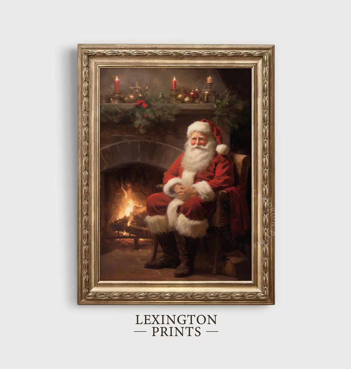 Santa Fireplace Vintage Christmas Wall Art Christmas Santa Painting Christmas Holiday Art Winter Print Santa Christmas Print Seasonal 407 - Image 3