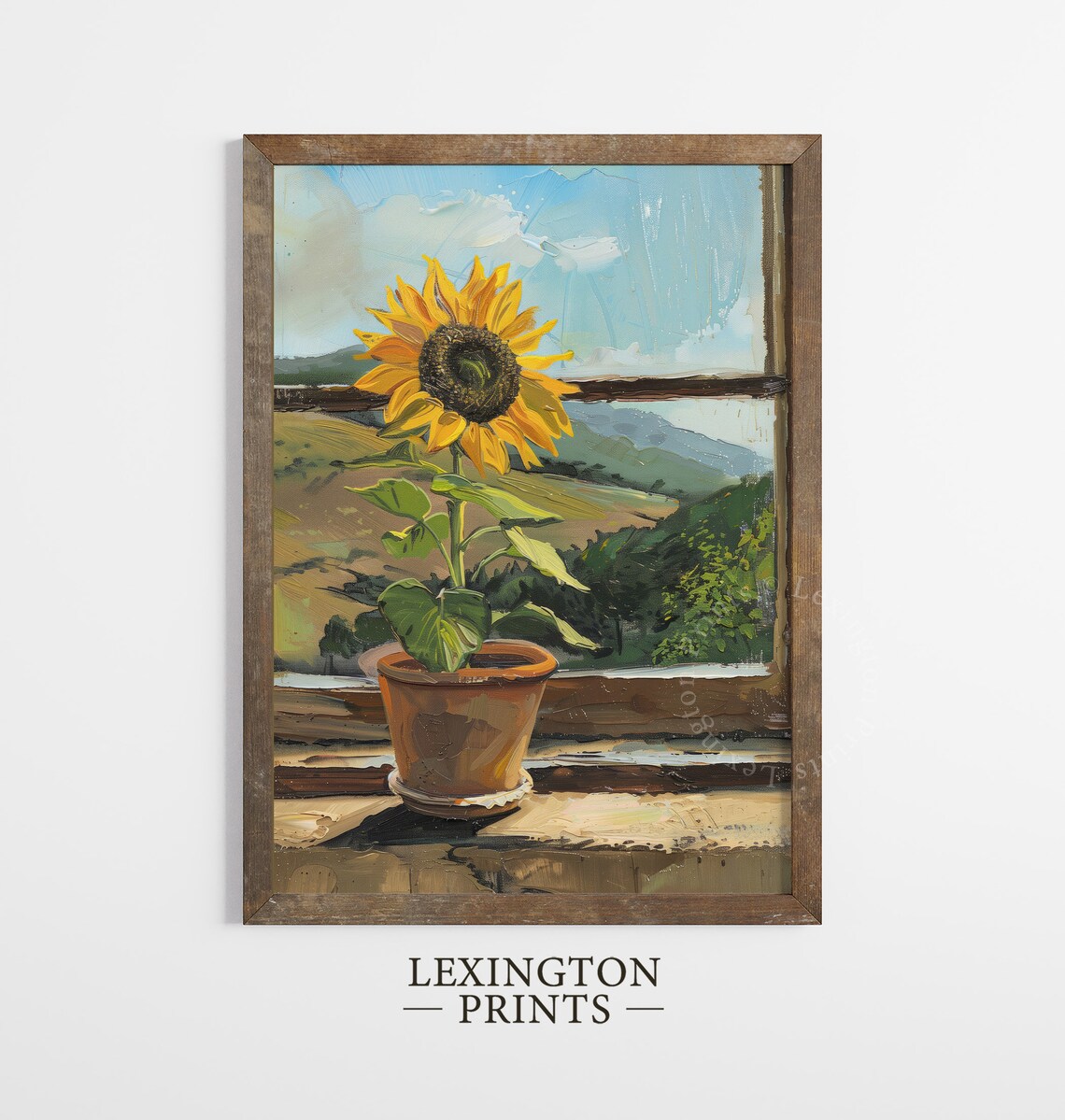 Potted Sunflower Painting Sunny Windowsill Rolling Hills Farmhouse Poster - Image 5