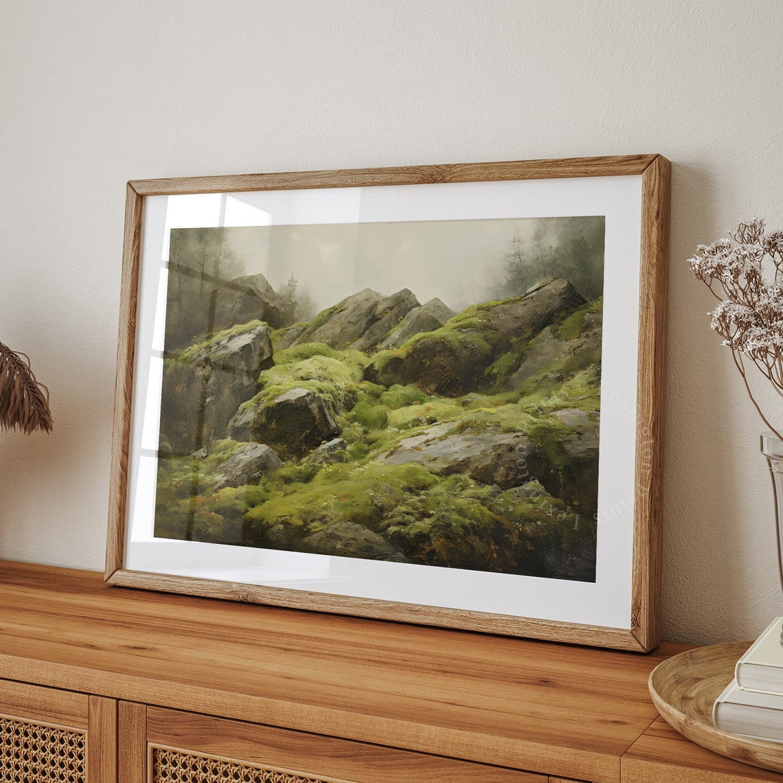 Moss Covered Rocks in Misty Green Forest Oil Painting Poster - Image 8
